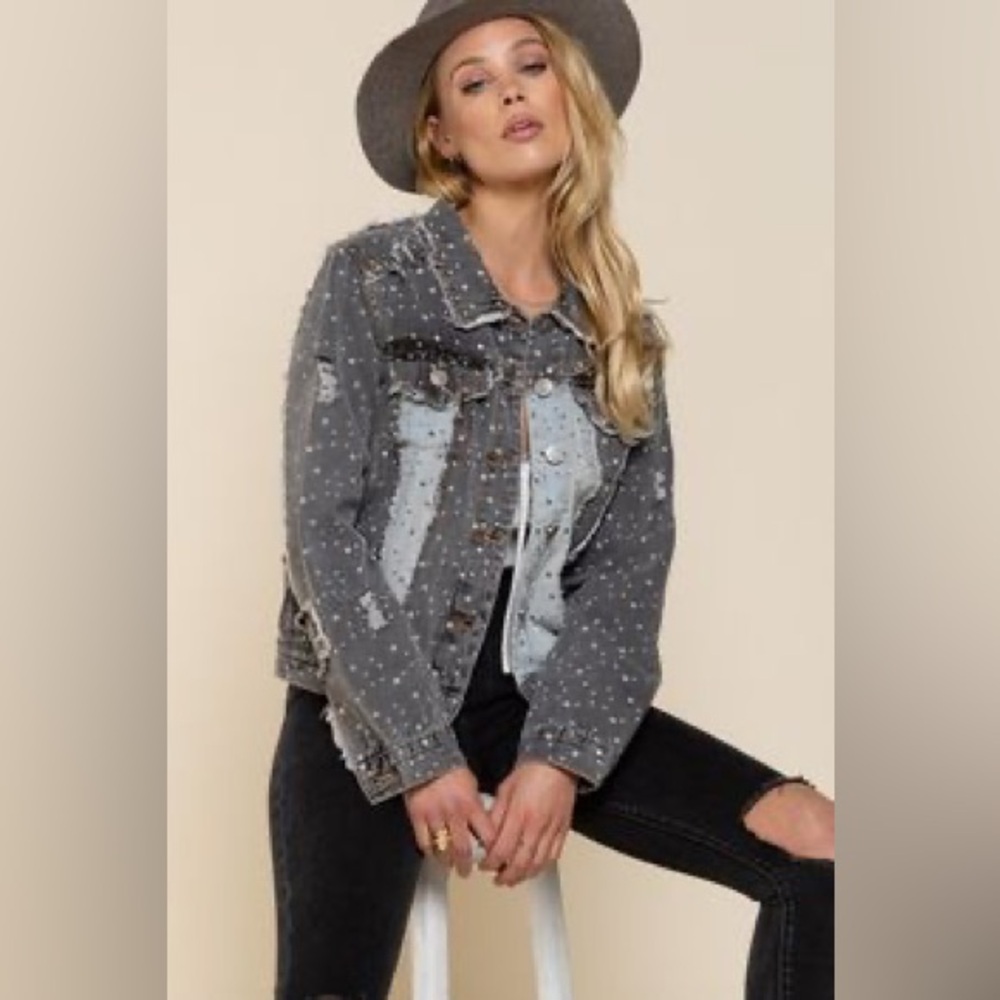 POL Distressed grey and black star denim jacket